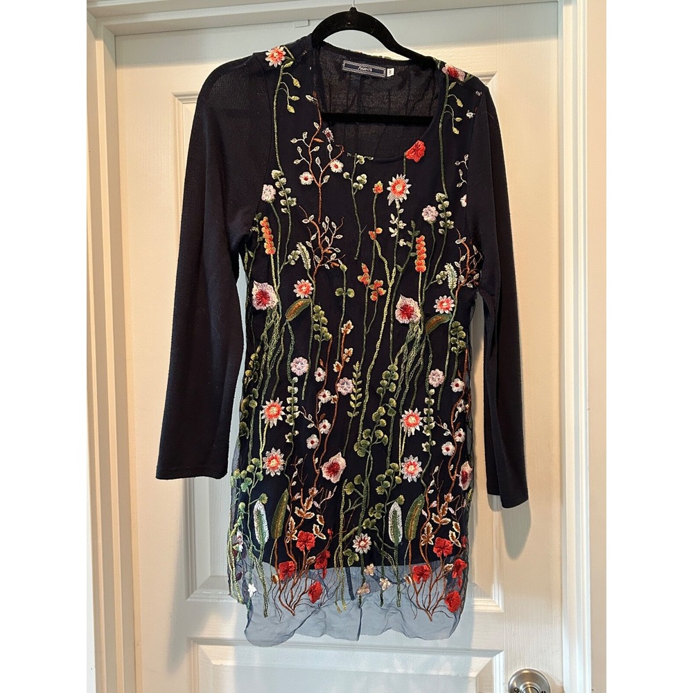 Highness Floral Embroidered Lace Tunic Top Over Stretch Knit Boho Fairy Core S/M